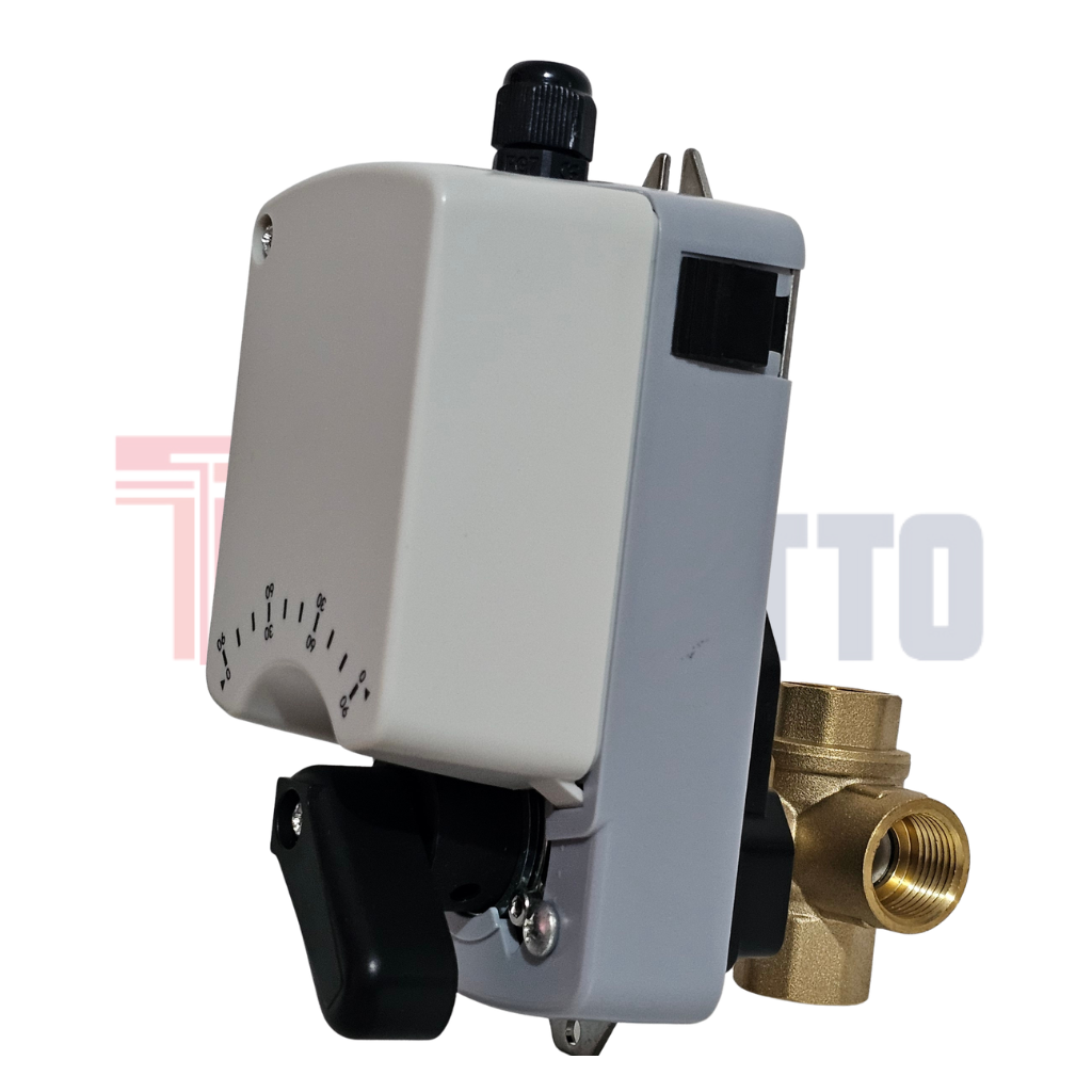 Valvula Electrica 3 Vias - MADTECH vista frontal e instalación industrial